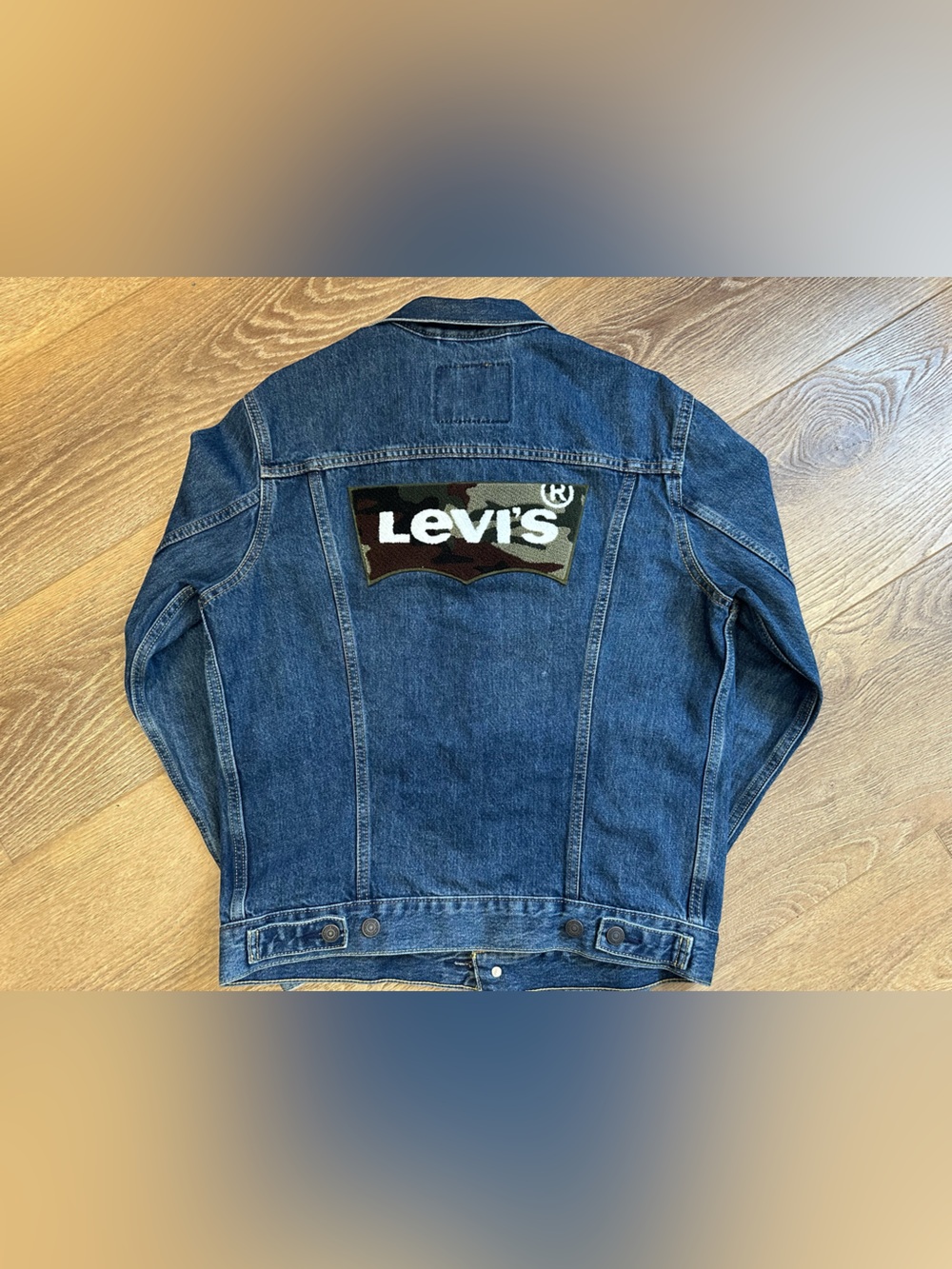 Levi's Blue Denim Jacket with Camo Logo Back Patch - M